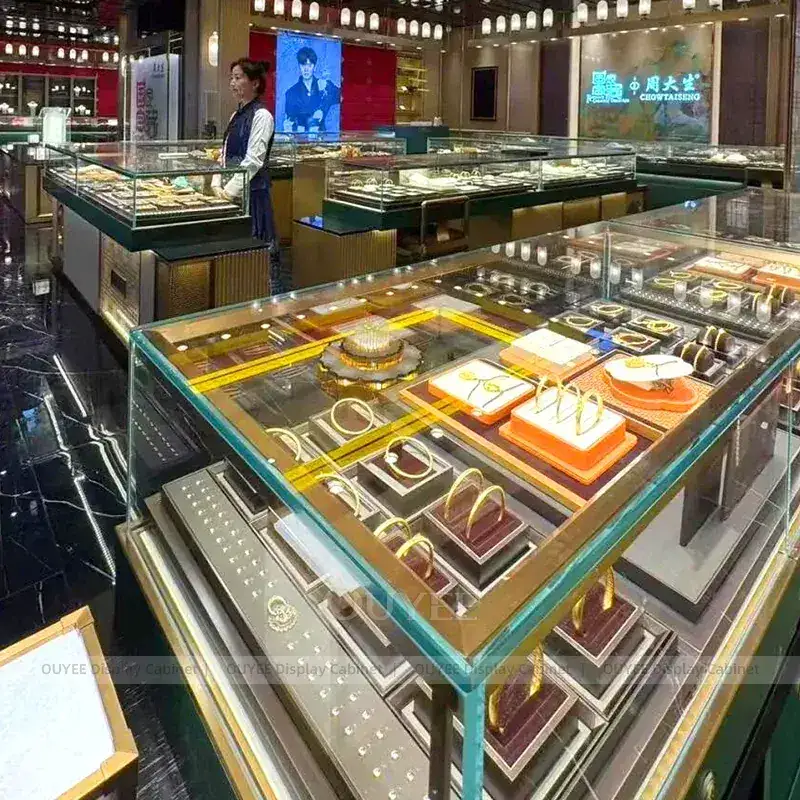 Premium Champagne Gold Jewelry Showcase Counter With Fluted Front Desk 1