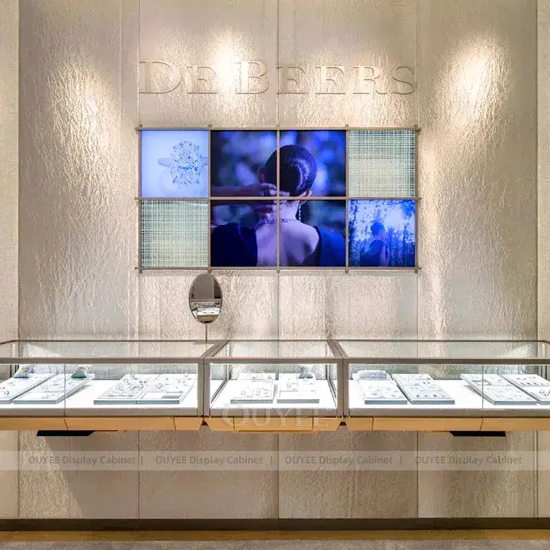 Sophisticated Champagne Gold Jewelry Store Display Table With Marble Backdrop 1