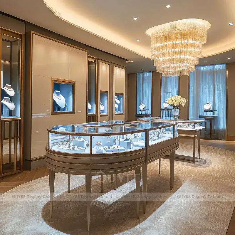 Contemporary Champagne Gold Jewelry Retail Display Cabinet With Marble Backdrop 1