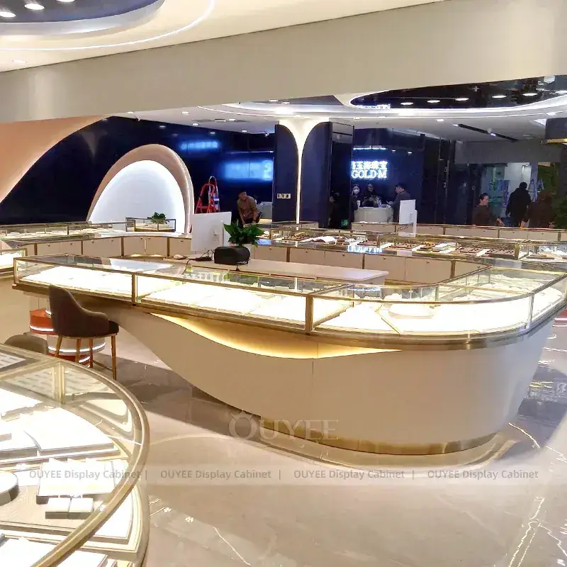 Custom White Jewelry Display Cabinet With Perimeter Display Cabinets 1