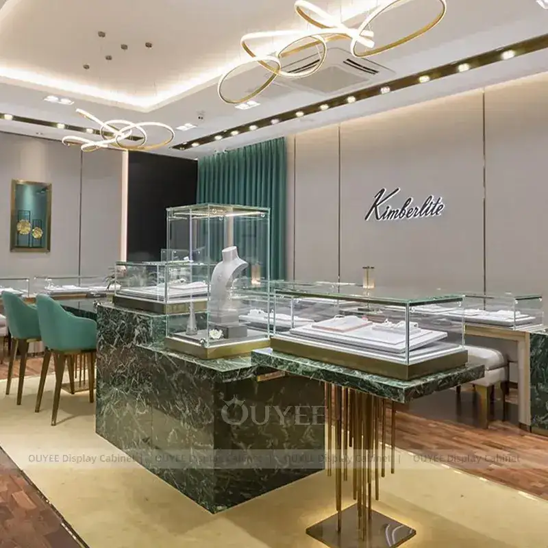 Premium White Jewelry Showcase Counter With Perimeter Display Cabinets 1
