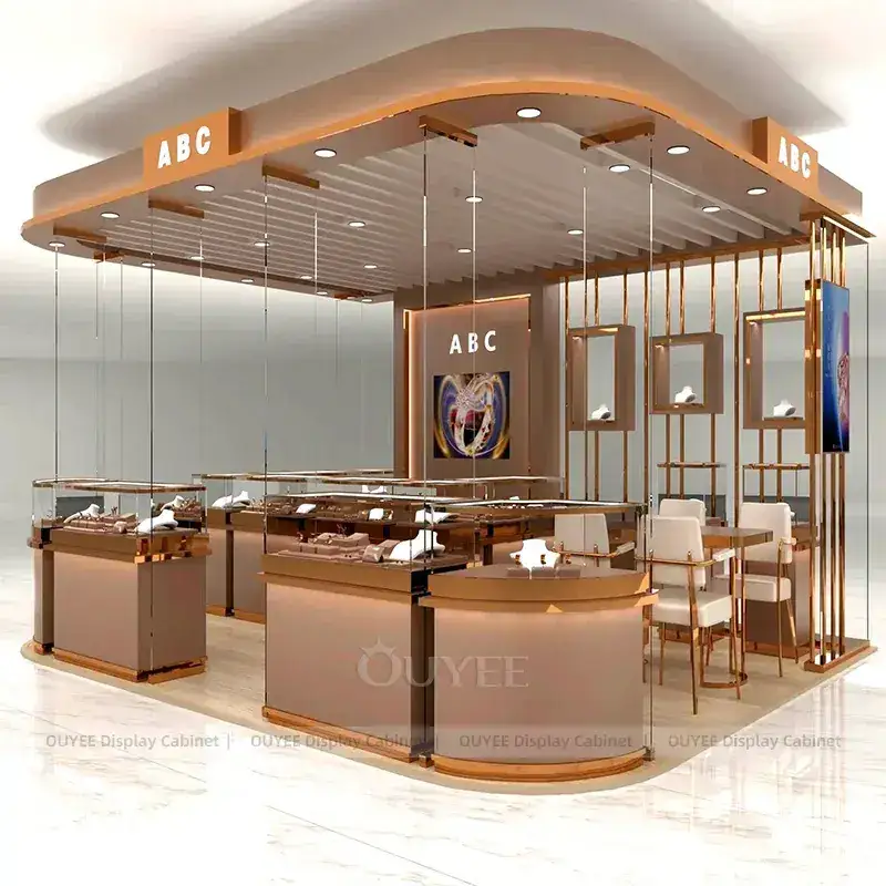 Contemporary White Jewelry Retail Display Cabinet With Center Island Showcases 1