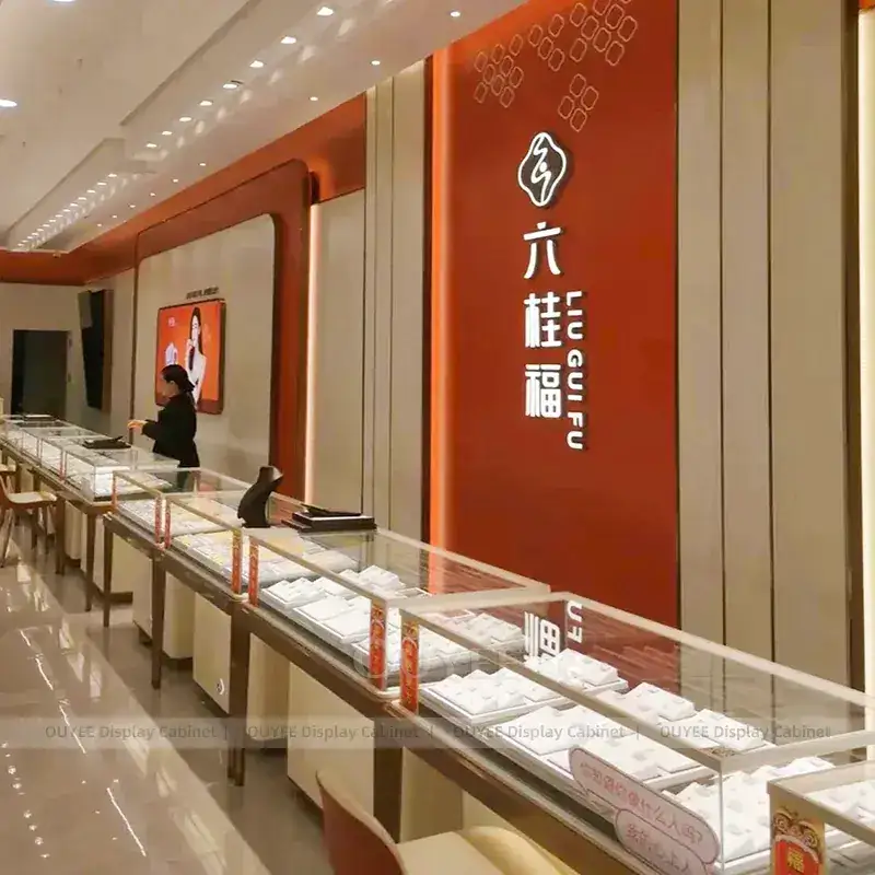 Refined White Jewelry Showroom Display Counter With Center Island Showcases 1