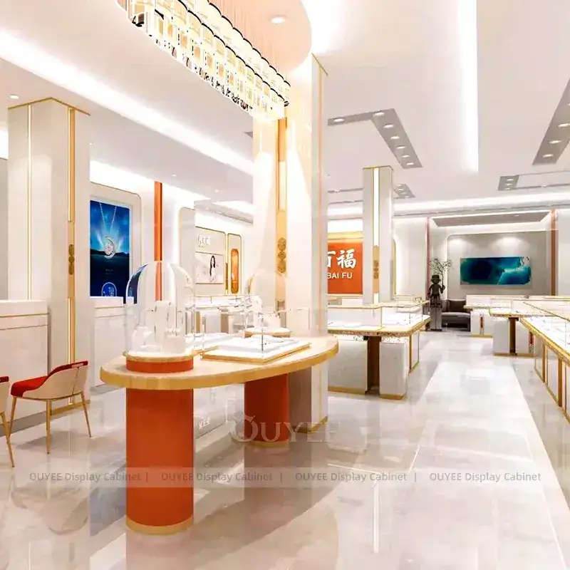 Modern Beige Jewelry Display Counter With LED Wall Showcases 1