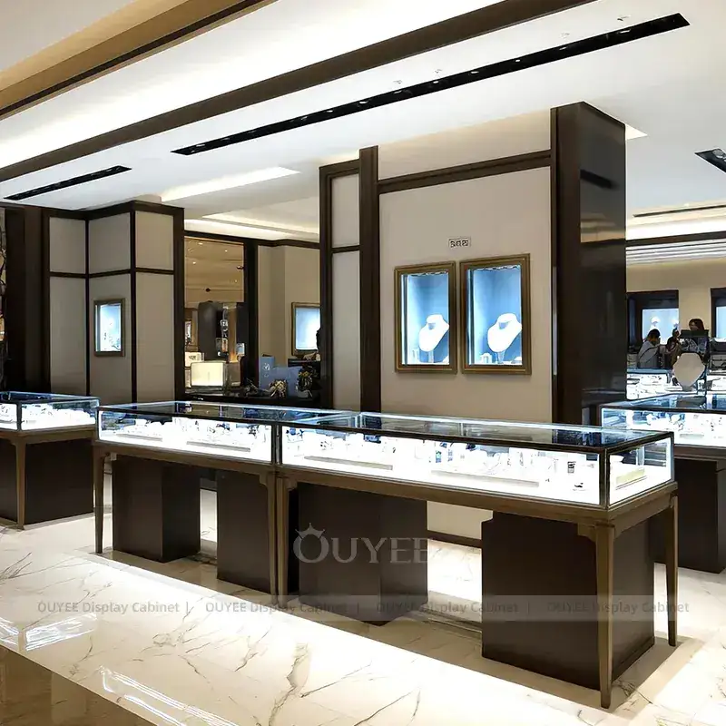 Custom Beige Jewelry Display Cabinet With LED Wall Showcases 1