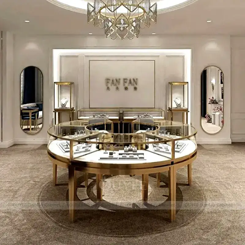 Premium Beige Jewelry Showcase Counter With Curved Glass Islands 1