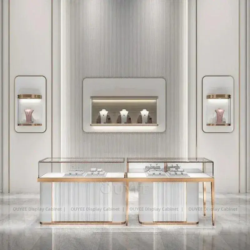 Elegant Beige Jewelry Boutique Display Cabinet With Curved Glass Islands 1
