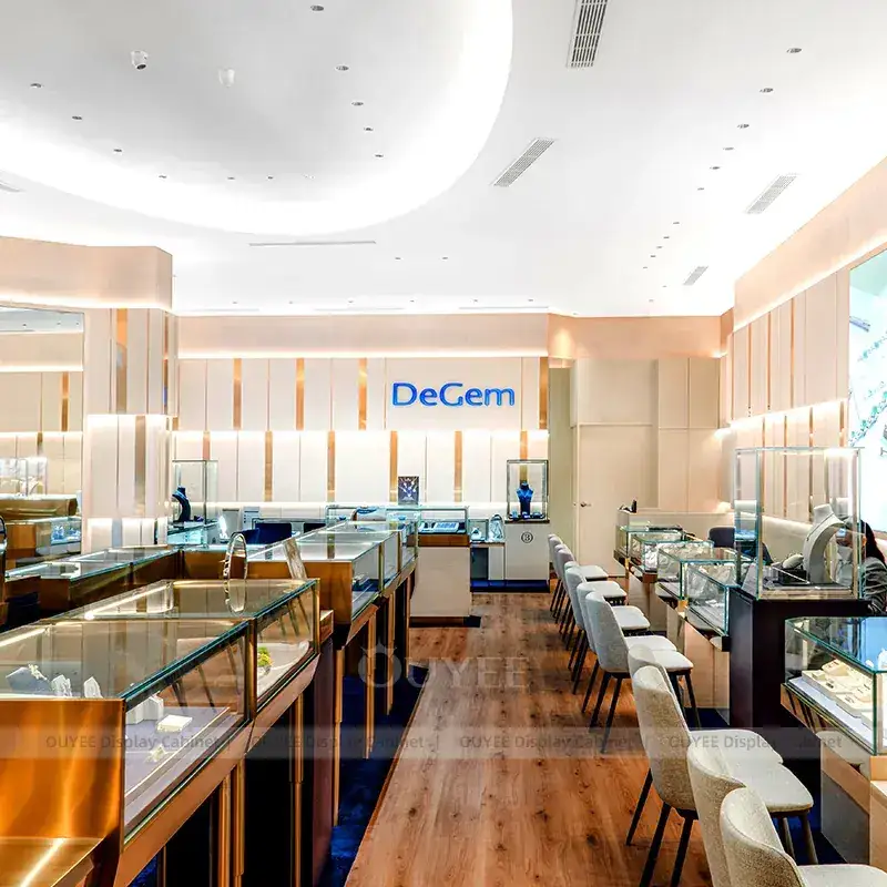 Contemporary Beige Jewelry Retail Display Cabinet With Consultation Table 1