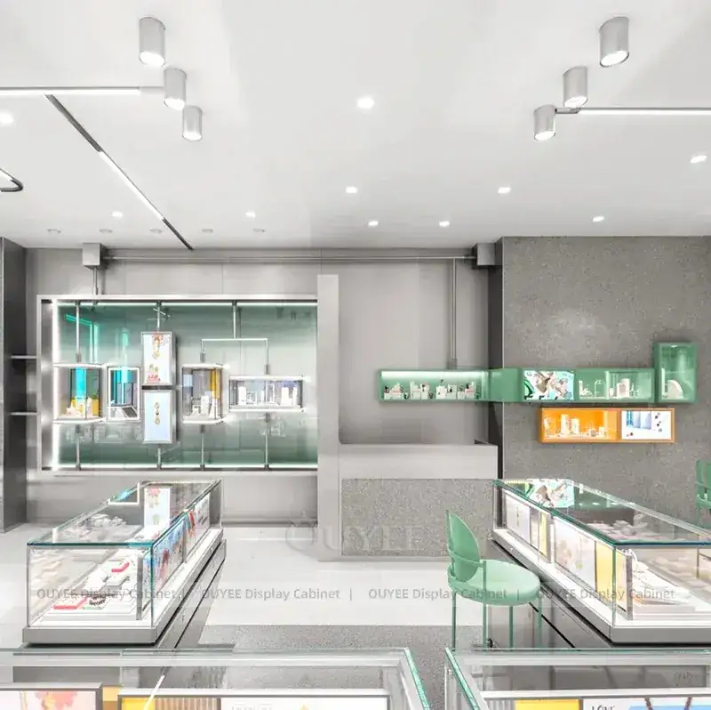 Refined Beige Jewelry Showroom Display Counter With Consultation Table 1