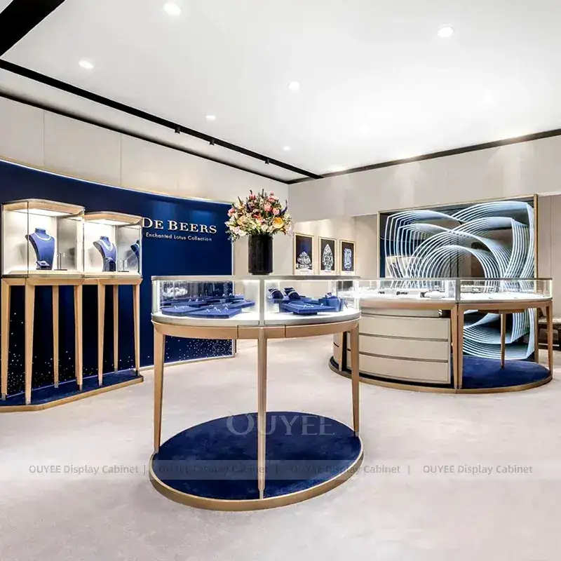 Sophisticated Black Jewelry Store Display Table With Marble Backdrop 1