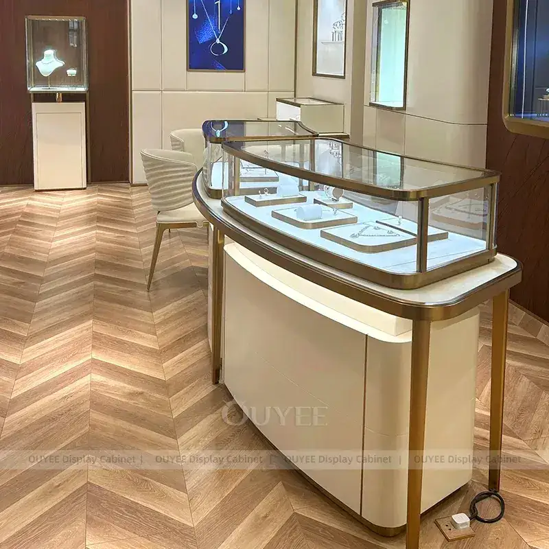 Refined Black Jewelry Showroom Display Counter With Freestanding Glass Towers 1