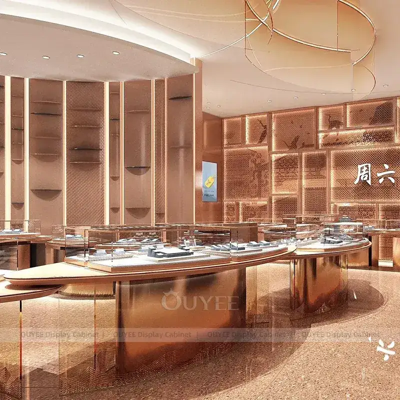 Modern Fluted Wood Jewelry Display Counter With Freestanding Glass Towers 1