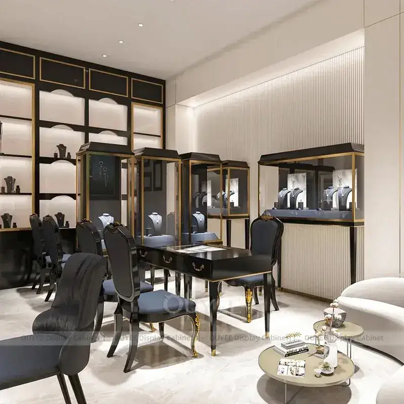 Luxury Fluted Wood Jewelry Store Fixture With Freestanding Glass Towers 1