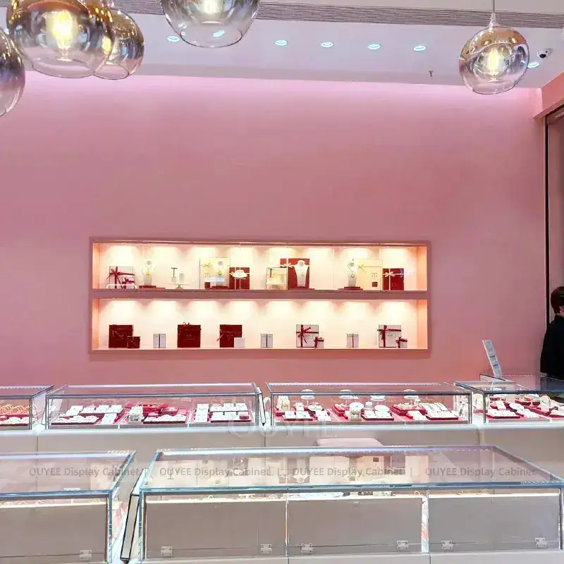 Premium Fluted Wood Jewelry Showcase Counter With Perimeter Display Cabinets 1