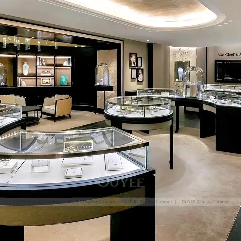 Sophisticated Fluted Wood Jewelry Store Display Table With Center Island Showcases 1