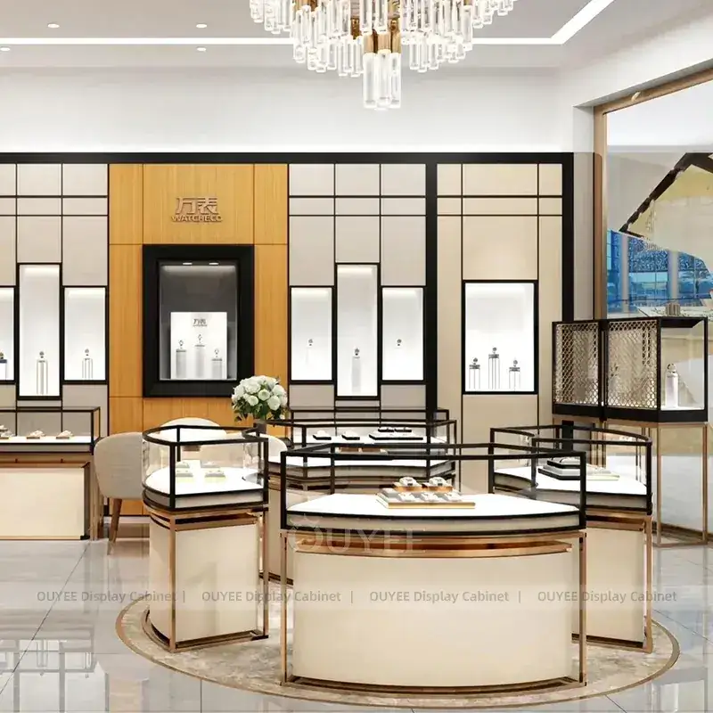 Contemporary Fluted Wood Jewelry Retail Display Cabinet With Center Island Showcases 1