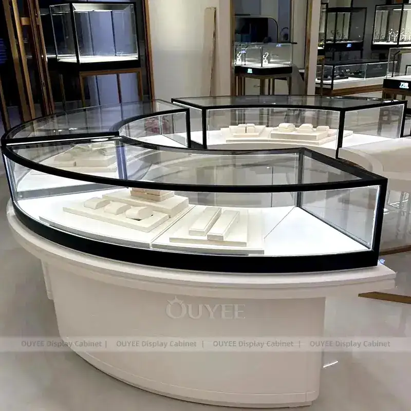 Refined Fluted Wood Jewelry Showroom Display Counter With Center Island Showcases 1