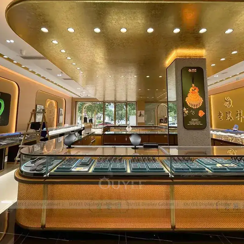 Modern Marble Accent Jewelry Display Counter With LED Wall Showcases 1