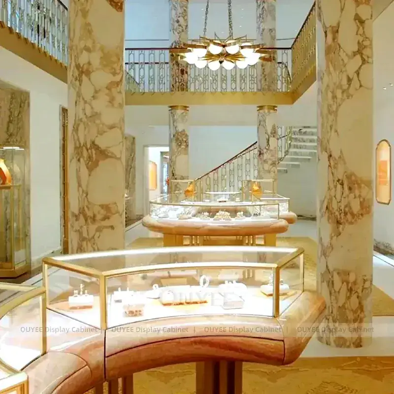 Luxury Marble Accent Jewelry Store Fixture With LED Wall Showcases 1