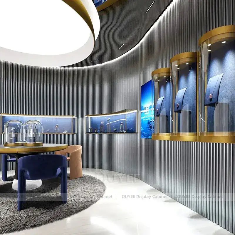 Premium Marble Accent Jewelry Showcase Counter With Curved Glass Islands 1