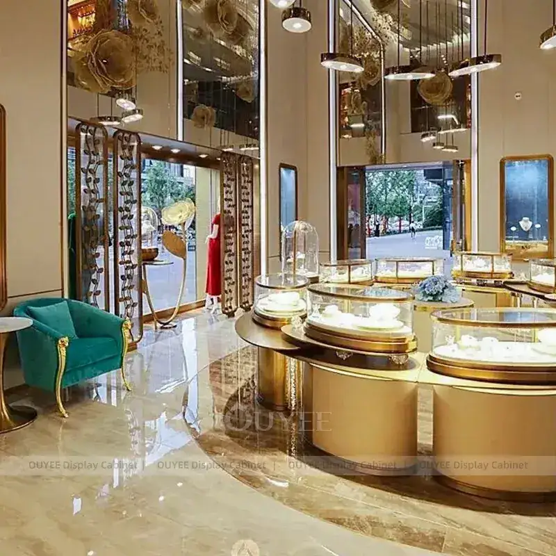 Elegant Marble Accent Jewelry Boutique Display Cabinet With Curved Glass Islands 1