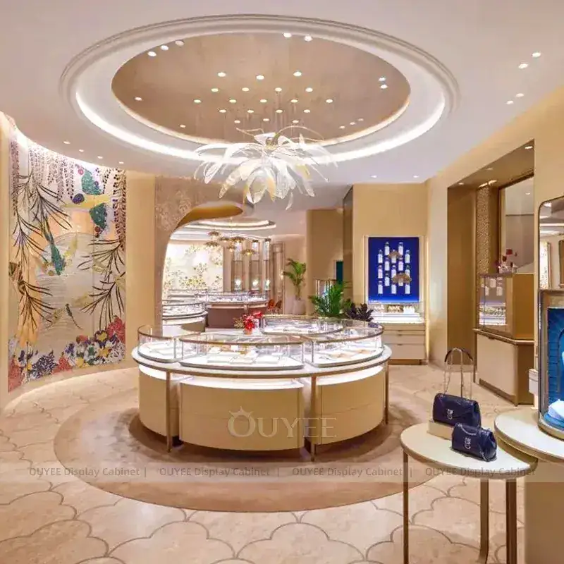 Contemporary Marble Accent Jewelry Retail Display Cabinet With Consultation Table 1