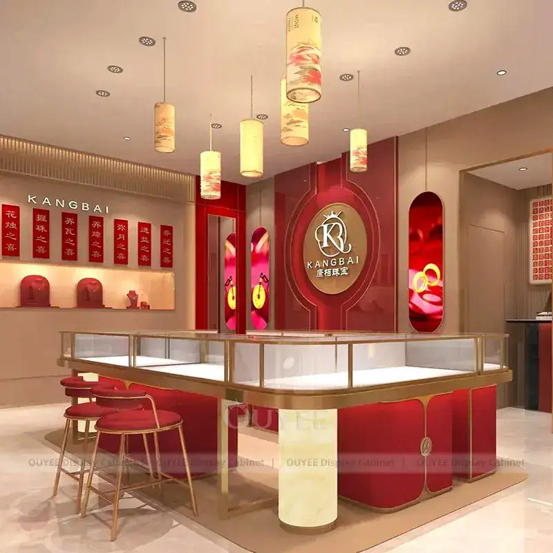 Custom Cream Jewelry Display Cabinet With Fluted Front Desk 1