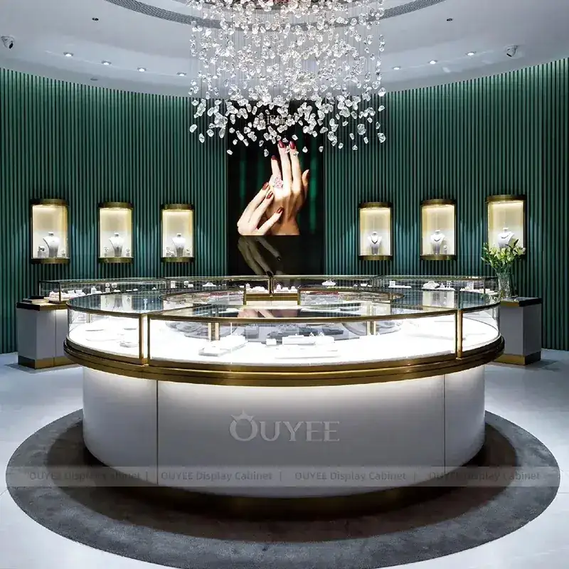 Sophisticated Cream Jewelry Store Display Table With Marble Backdrop 1