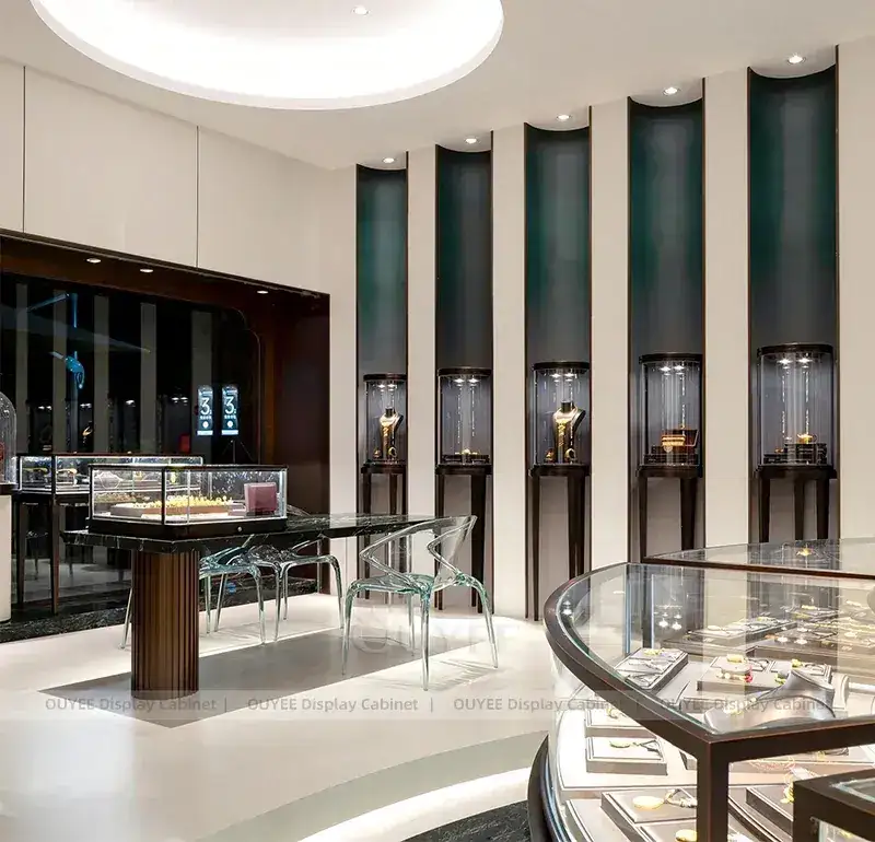 Refined Cream Jewelry Showroom Display Counter With Freestanding Glass Towers 1