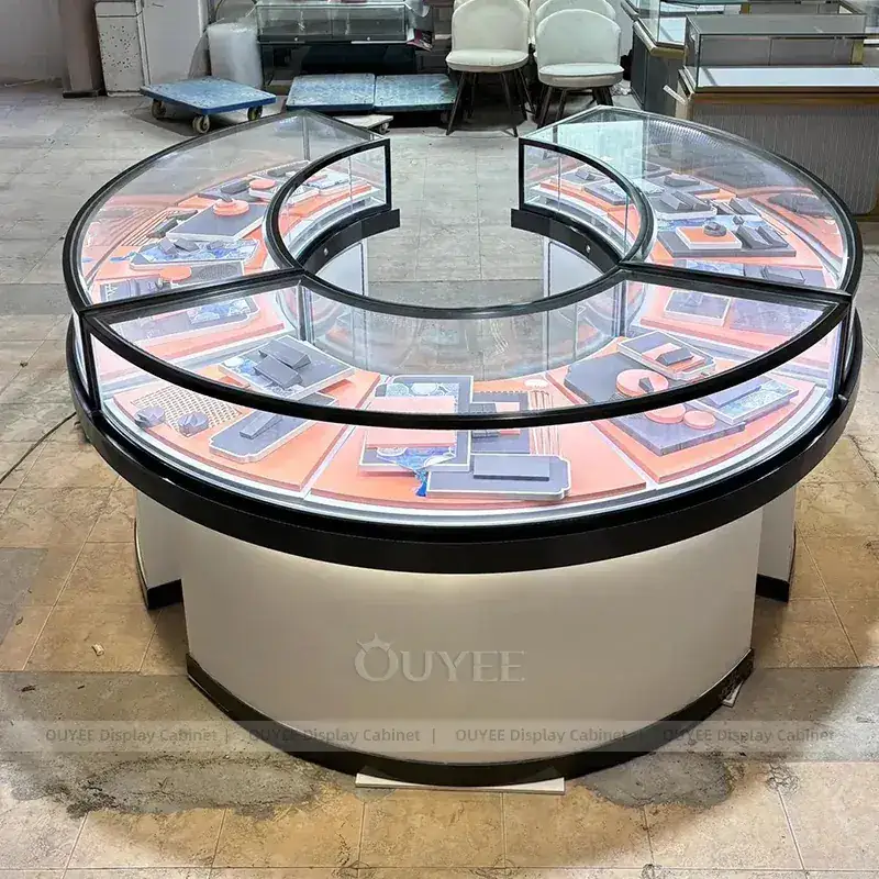 Modern Walnut Jewelry Display Counter With Freestanding Glass Towers 1