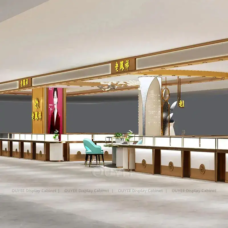 Luxury Walnut Jewelry Store Fixture With Freestanding Glass Towers 1