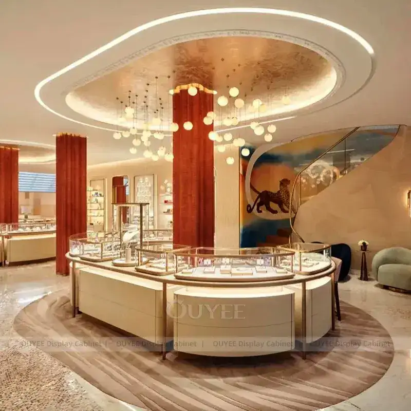 Contemporary Walnut Jewelry Retail Display Cabinet With Center Island Showcases 1