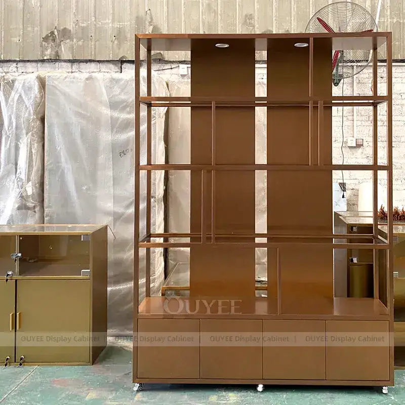 Modern Champagne Gold Jewelry Display Counter With LED Wall Showcases 1