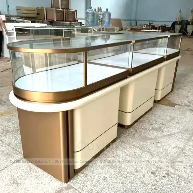 Luxury Champagne Gold Jewelry Store Fixture With LED Wall Showcases 1