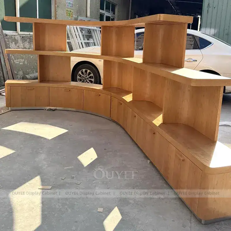 Custom Champagne Gold Jewelry Display Cabinet With LED Wall Showcases 1