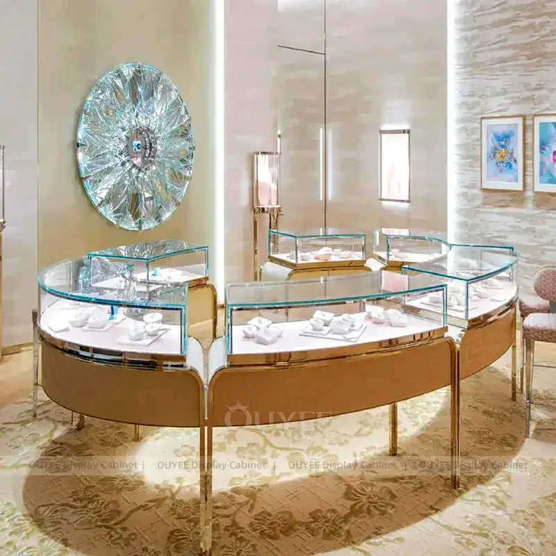 Sophisticated White Jewelry Store Display Table With Marble Backdrop 1