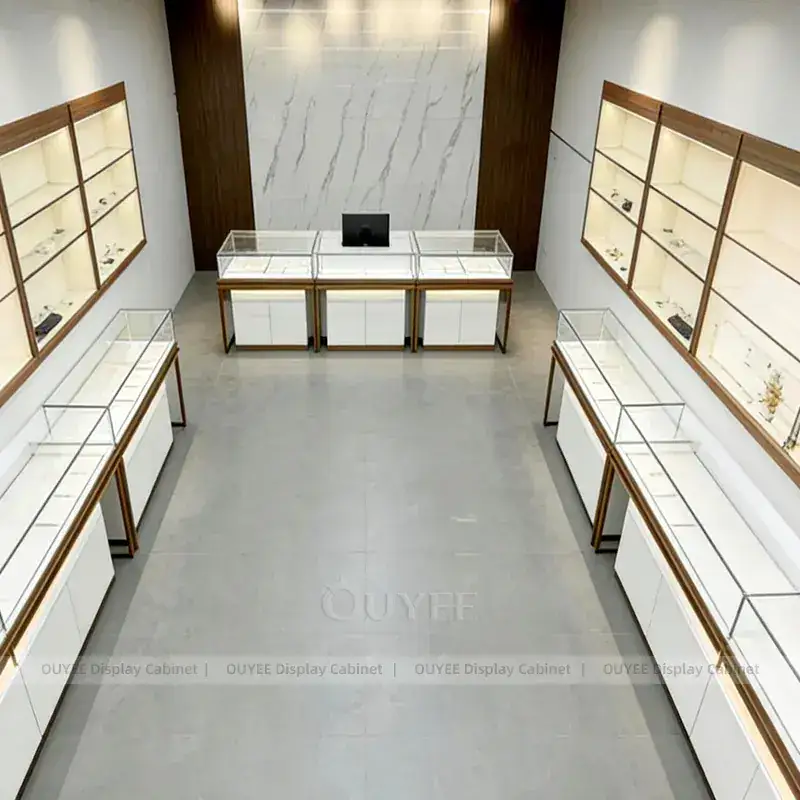 Contemporary White Jewelry Retail Display Cabinet With Marble Backdrop 1