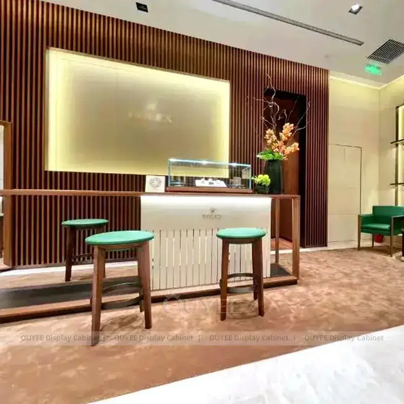 Refined White Jewelry Showroom Display Counter With Freestanding Glass Towers 1