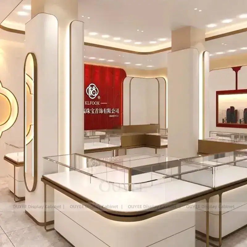 Modern Beige Jewelry Display Counter With Freestanding Glass Towers 1