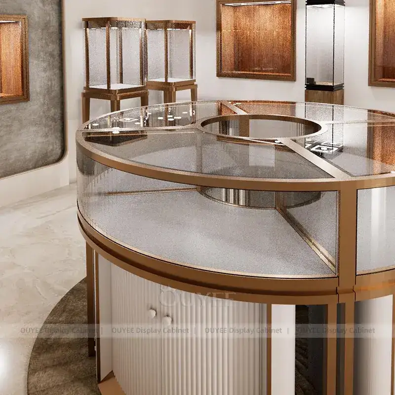 Luxury Beige Jewelry Store Fixture With Freestanding Glass Towers 1