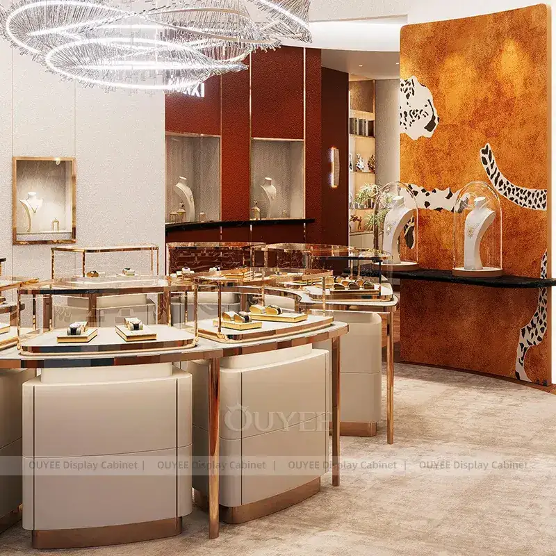 Refined Beige Jewelry Showroom Display Counter With Center Island Showcases 1