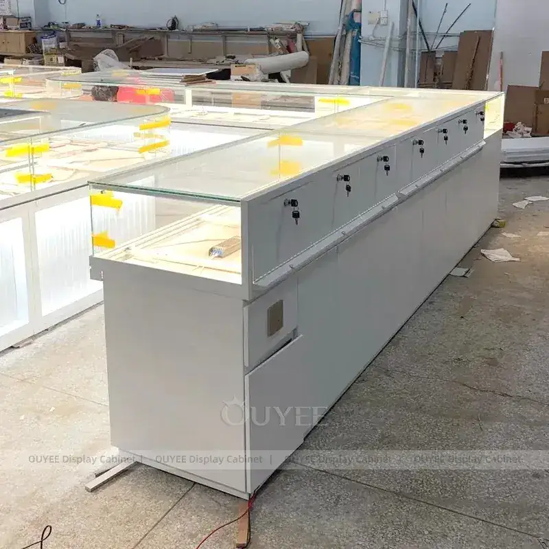 Elegant Black Jewelry Boutique Display Cabinet With Curved Glass Islands 1