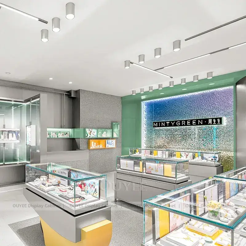 Modern Fluted Wood Jewelry Display Counter With Consultation Table 1