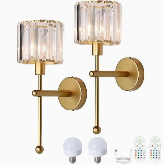 Modern Glass and Crystal Wall Sconces, Gold-Toned, Rechargeable, with Remote Control—Perfect for Bedrooms, Bathrooms, and Living Rooms 1
