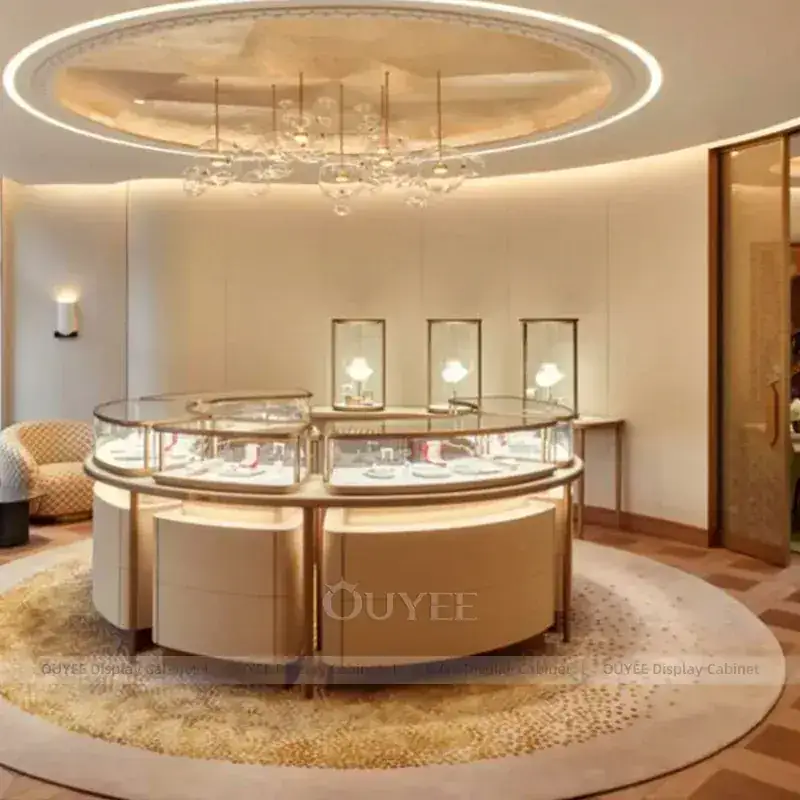 Comptoir vitrine à bijoux haut de gamme en bois cannelé avec façade cannelée 1