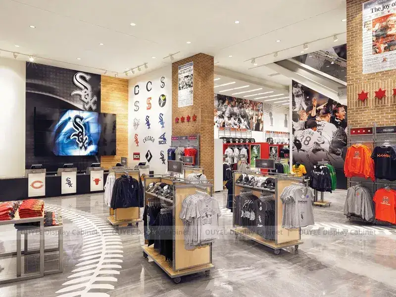 Magasin de sport : présentoir mural à casquettes avec présentoirs à baskets arrondis 1