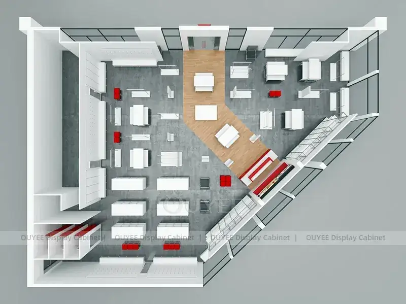 Layout del negozio di abbigliamento con accenti rossi e disposizione modulare degli arredi. 1