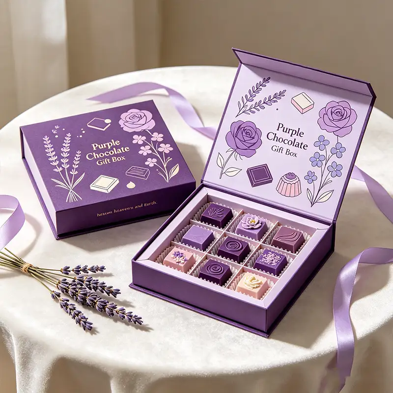 Custom Purple Recyclable Square Corrugated Board Packaging Wedding Chocolates Boxes with Ribbon Assorted Chocolate 1