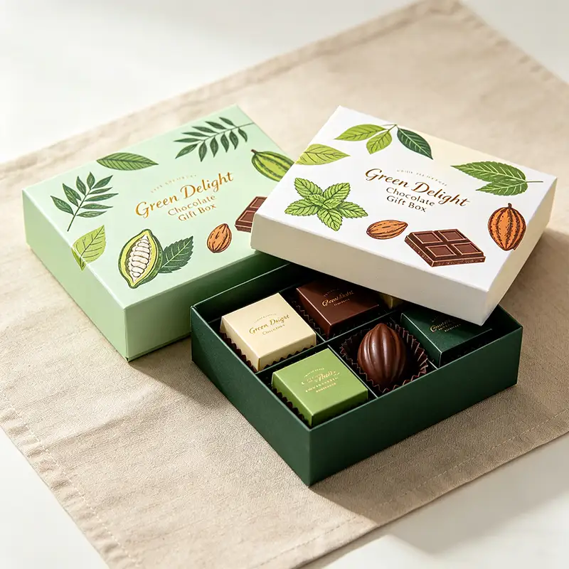 Custom Green Heaven Earth Cover Recyclable Square Chocolates Boxes Set Packaging with Ribbon Mint Chocolate Box Matt Lamination 1