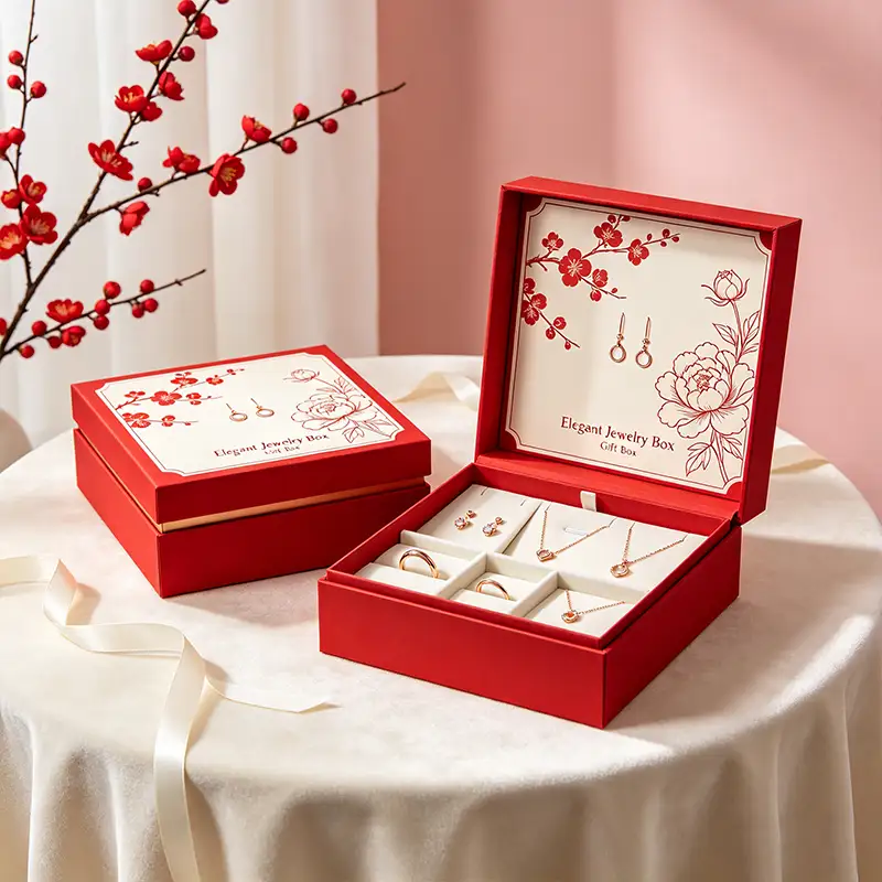 Red Square Drawer Box with Handle for Engagement Rings Recycled Materials UV Coating Custom Proposal Jewelry Box 1